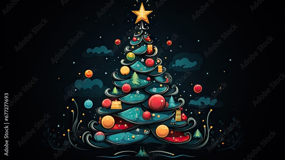 Poster a christmas tree with a star on top in the middle of a night sky with clouds and stars on the top of