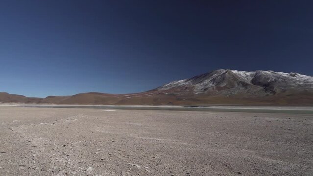 laguna verde and blanca in the arid landscape near volcano Licancabur in the high altitude of the Altiplano in the Andes mountains in the highlands of Bolivia.