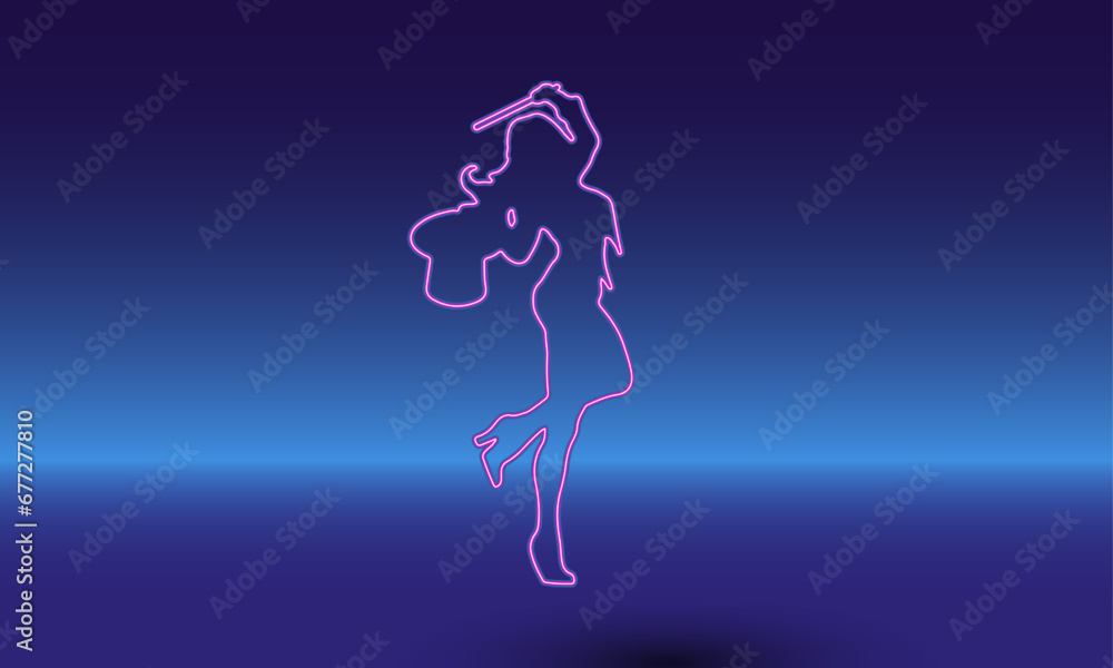 Poster neon enchantress symbol on a gradient blue background. the isolated symbol is located in the bottom 