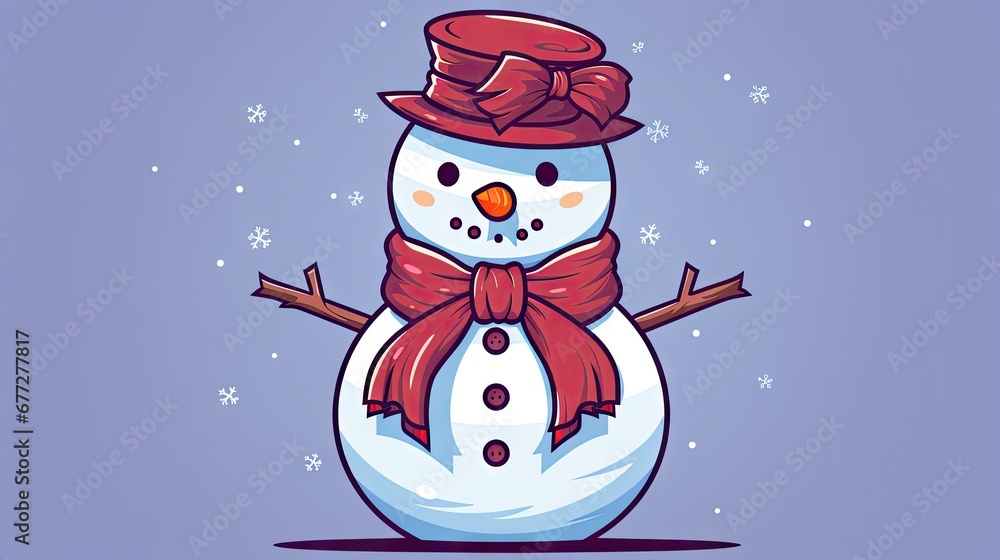Poster a snowman with a red hat and a red scarf is standing in front of a blue background with snowflakes a