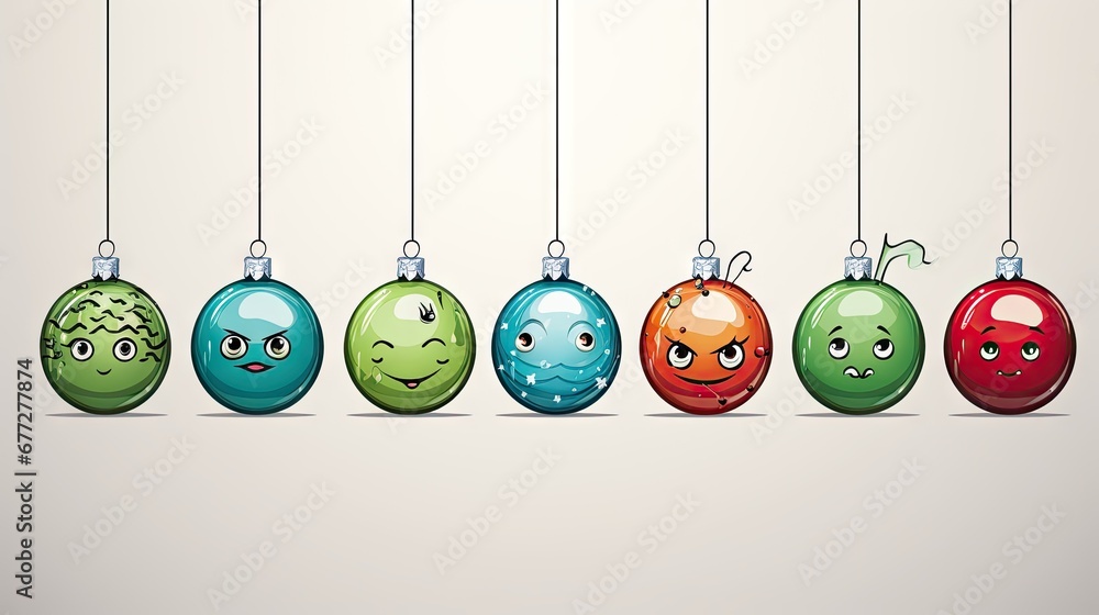 Poster a row of christmas ornaments hanging from strings with faces drawn on them, all of which have been d