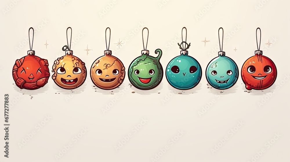 Poster  a row of different colored christmas ornaments with faces on each ornament and a star on the top of each ornament in the middle of each ornament.  generative ai