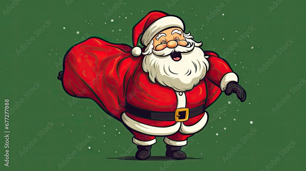 Poster a cartoon santa clause standing in front of a green background with snow flakes and snow flakes on t