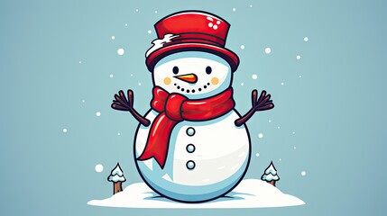  a snowman wearing a red hat and a red scarf is standing in the snow with his hands in the air and his eyes closed, and his eyes closed.  generative ai