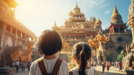 Children gaze in awe at historic landmarks in a foreign city