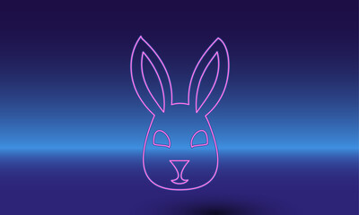 Neon cute hare head symbol on a gradient blue background. The isolated symbol is located in the bottom center. Gradient blue with light blue skyline