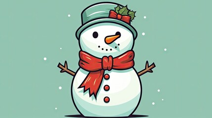  a cartoon snowman with a red bow on his head and a green background with snow flakes on his head and a green background with snowflakes and snowflakes.  generative ai