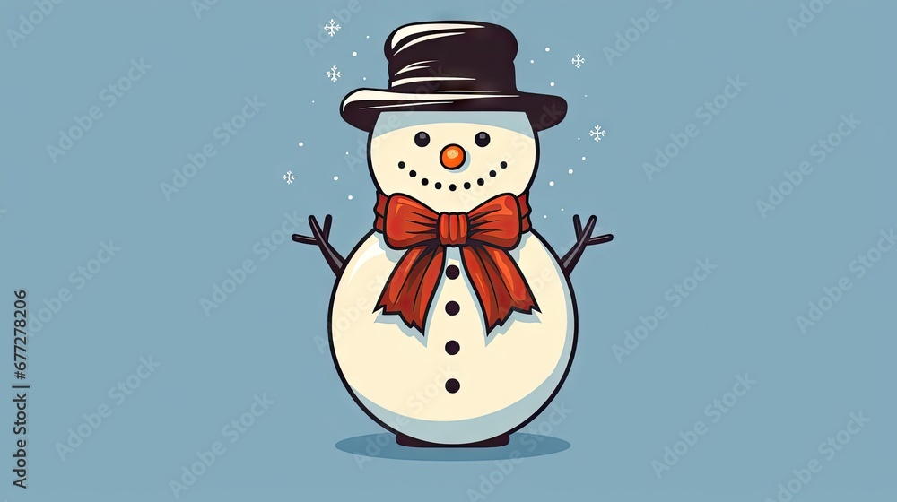 Poster a snowman with a top hat and a red bow tie is standing in front of a blue background that has snowfl