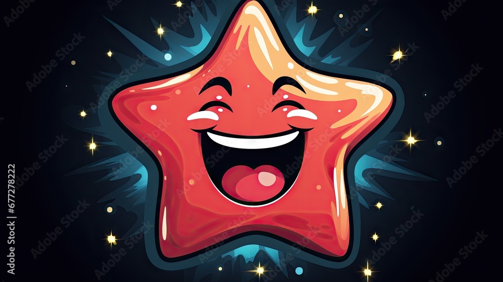 Poster a red star with a happy face on a black background with a star burst around it's edges and stars aro