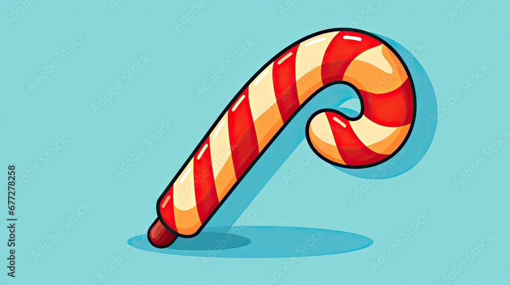 Poster a candy cane on a blue background with a shadow of the candy cane on the bottom of the image and a s