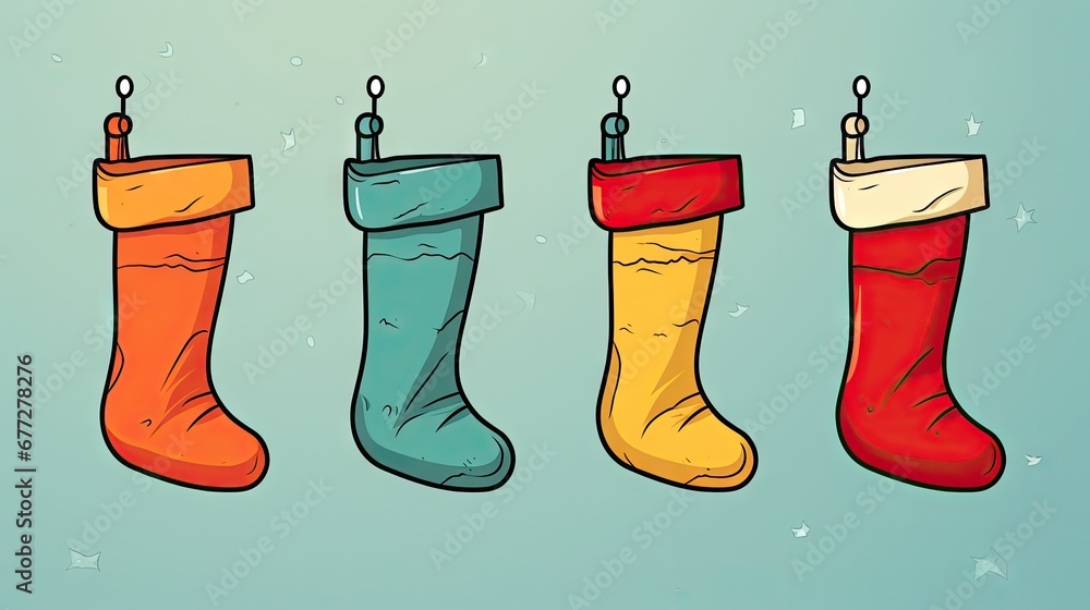 Poster a set of four christmas stockings hanging from a line on a blue background with snowflakes on the bo