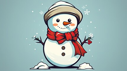  a snowman wearing a hat and a red scarf and a red scarf around his neck and a red ribbon around his neck and a blue background with snowflakes and snowflakes.  generative ai