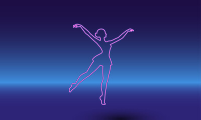 Neon dancing girl symbol on a gradient blue background. The isolated symbol is located in the bottom center. Gradient blue with light blue skyline