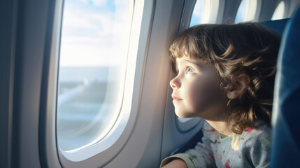 A child peers out of the airplane window,  captivated by the view