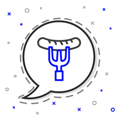 Line Sausage on the fork icon isolated on white background. Grilled sausage and aroma sign. Colorful outline concept. Vector