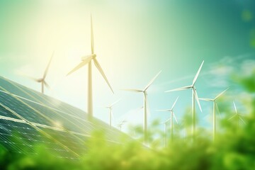 Wind turbines and solar panels. Sustainable , renewable energy. Ai Generative - obrazy, fototapety, plakaty
