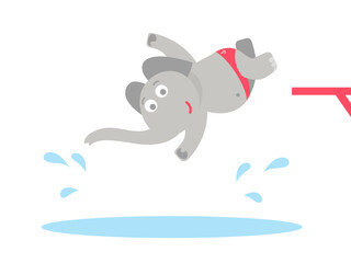 Cute funny elephant character jumping into the water. Flat children's vector illustration about swimming and pool.