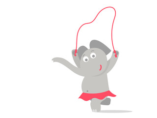 Elephant girl jumping rope in a skirt. Flat vector illustration. Children's character.