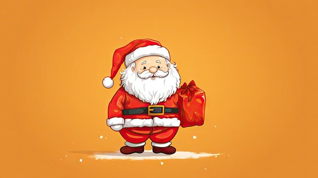  a santa claus holding a bag of presents on an orange background with a splash of snow on the bottom of the image and the bottom half of the image of the santa claus's face.  generative ai