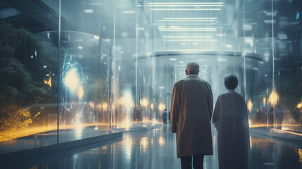 Old senior couple walking along a futuristic corridor. Representation of aging society, immortality, and future of healthcare. Generative AI. - obrazy, fototapety, plakaty