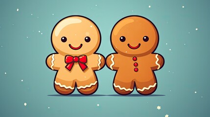  a couple of gingers standing next to each other in front of a blue background with snowflakes and snowflakes on the bottom of the image and a red bow tie.  generative ai