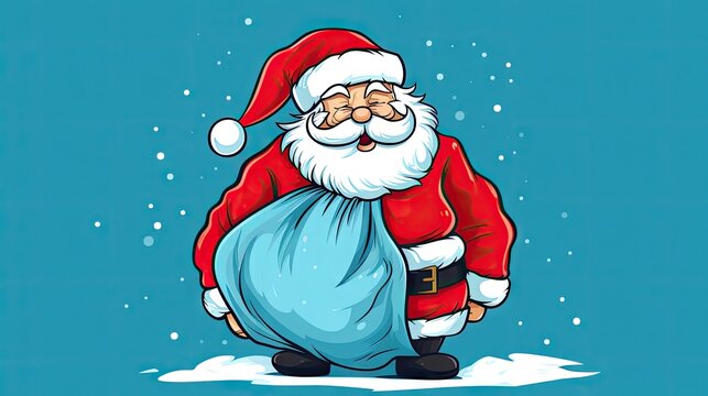  a cartoon of a santa claus carrying a bag of presents on a blue background with snow flakes and snowflakes on the bottom of the image, and bottom half of the bag.  generative ai