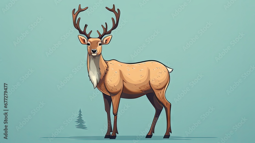 Poster  a deer standing in front of a blue background with a pine tree on the left side of the image and a blue sky on the right side of the image.  generative ai