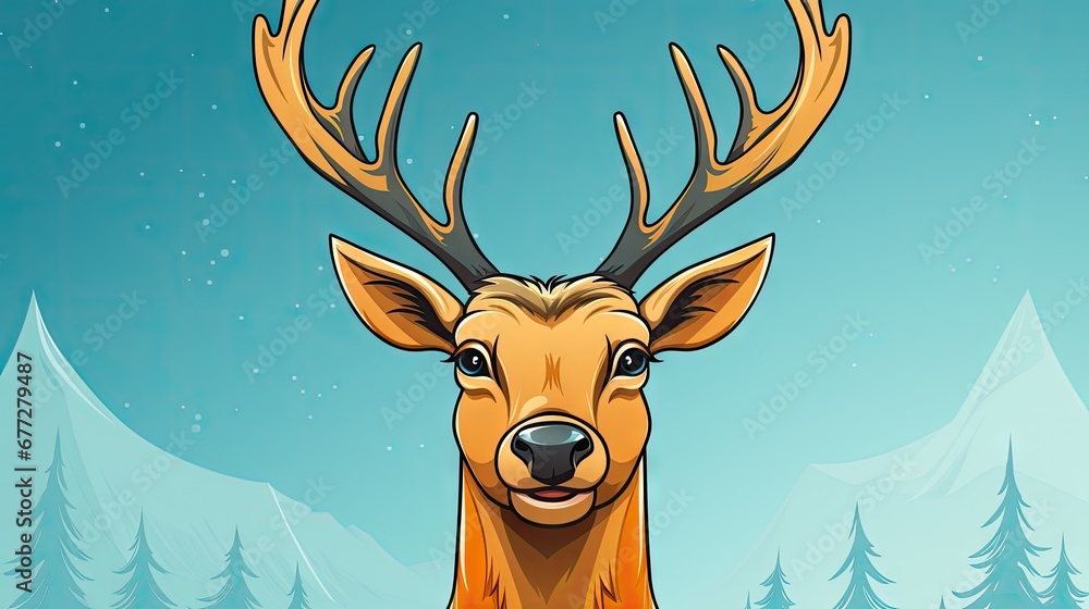 Poster a close up of a deer with antlers on it's head in front of a snowy landscape with pine trees and a s