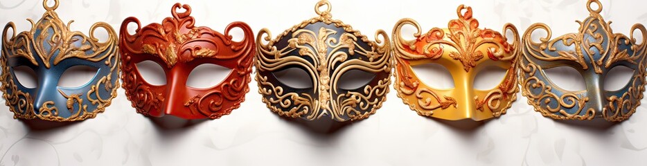 typical venetian carnival masks of different colors on a white background