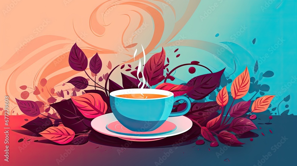 Poster a cup of coffee with a saucer and saucer on a saucer on a saucer on a saucer on a saucer on a colorf