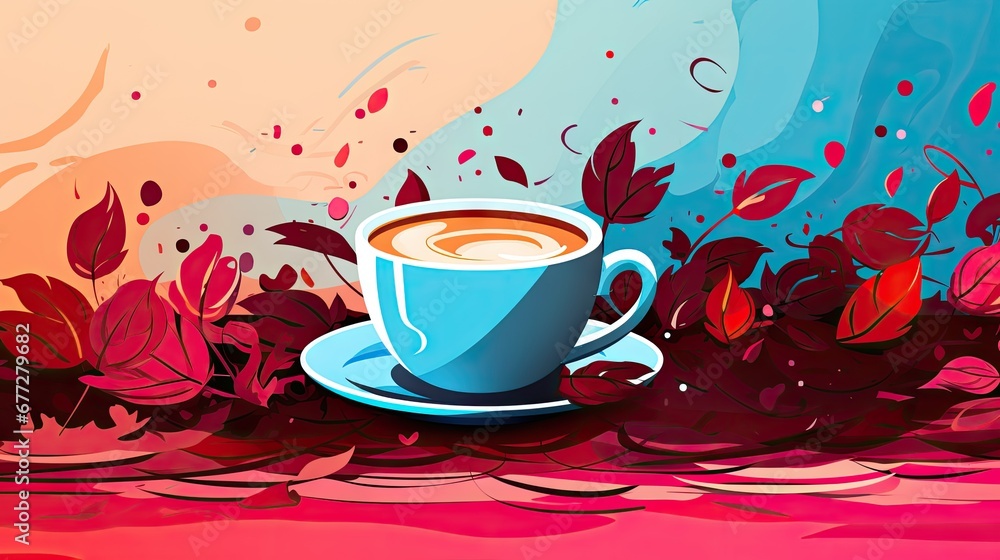 Poster a cup of coffee with a saucer on a saucer on a saucer on a saucer on a saucer on a saucer on a table