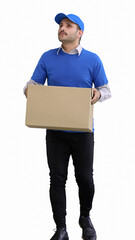 full-length male courier holding a box on a green background