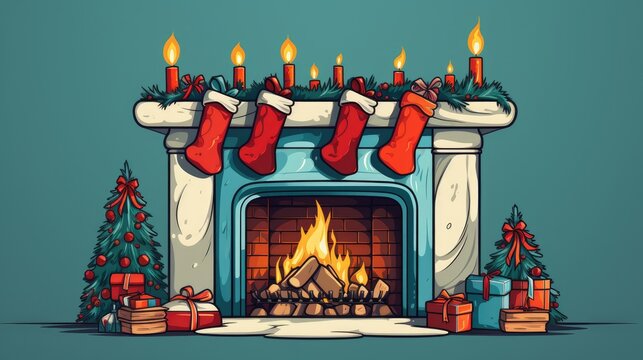  a christmas fireplace with stockings and stockings hanging from it's mantle, with presents around it, and a christmas tree in the corner of the fireplace, on a blue background.  generative ai