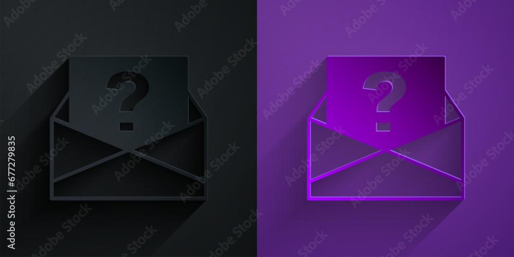 Poster paper cut envelope with question mark icon isolated on black on purple background. letter with quest