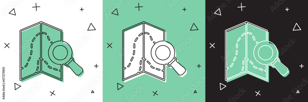 Aufkleber set search location icon isolated on white and green, black background. magnifying glass with pointe