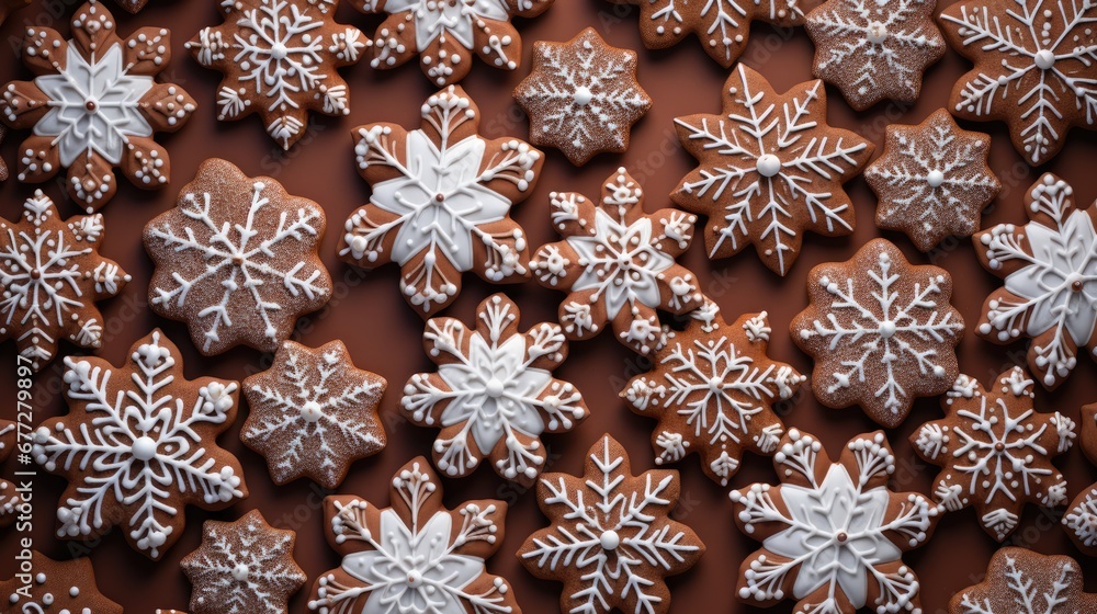 Poster a group of snowflake cookies sitting on top of a brown table top next to each other on top of a tabl