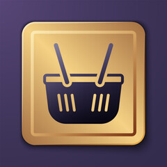 Purple Shopping basket icon isolated on purple background. Online buying concept. Delivery service sign. Shopping cart symbol. Gold square button. Vector