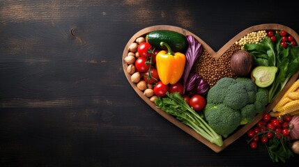 Fototapeta na wymiar A heart shaped wooden plate filled with vegetables, vegan January challenge.