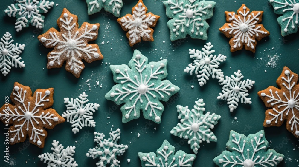 Poster a group of snowflake cookies sitting on top of a green table covered in white and brown icing and sp