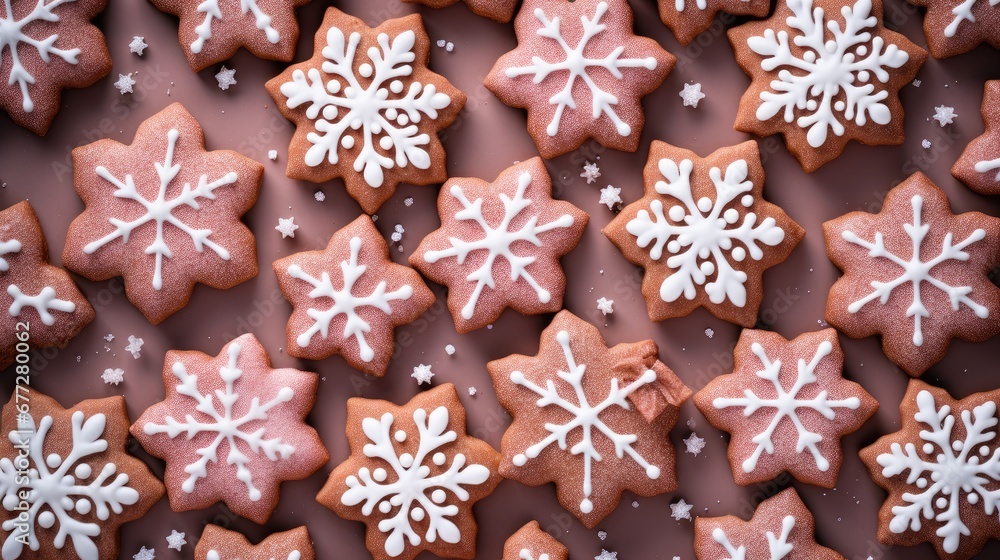 Poster a close up of a plate of cookies with snowflakes on them and icing on the outside of the cookies and