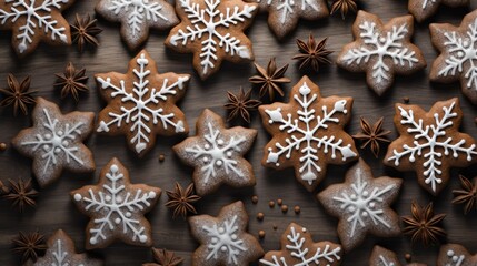  a wooden table topped with lots of cookies covered in frosting and star anisette snowflakes on top of each one of the cookies is surrounded by cinnamon stars.  generative ai