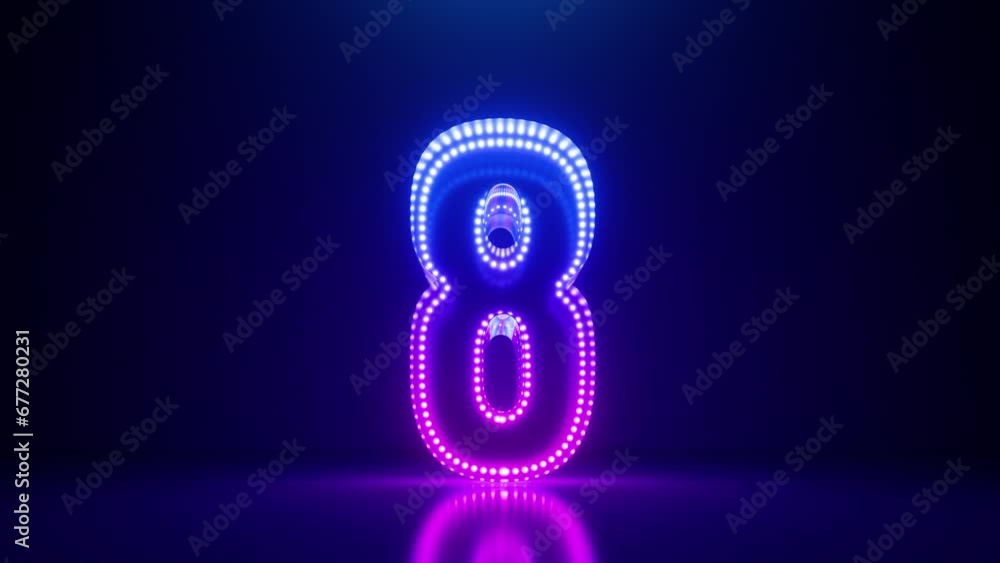 Poster the neon glowing glass numbers spin and rotate, counting from ten to one. 3d vj loop motion. top ten