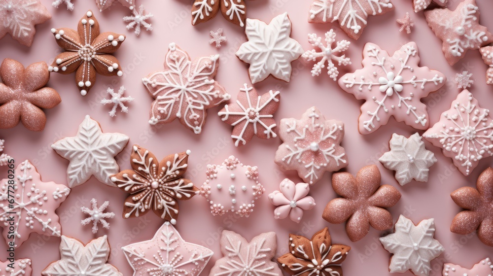 Poster  a close up of many different types of cookies on a pink surface with snowflakes and snowflakes on the top of the cookies and on the bottom of the cookies.  generative ai