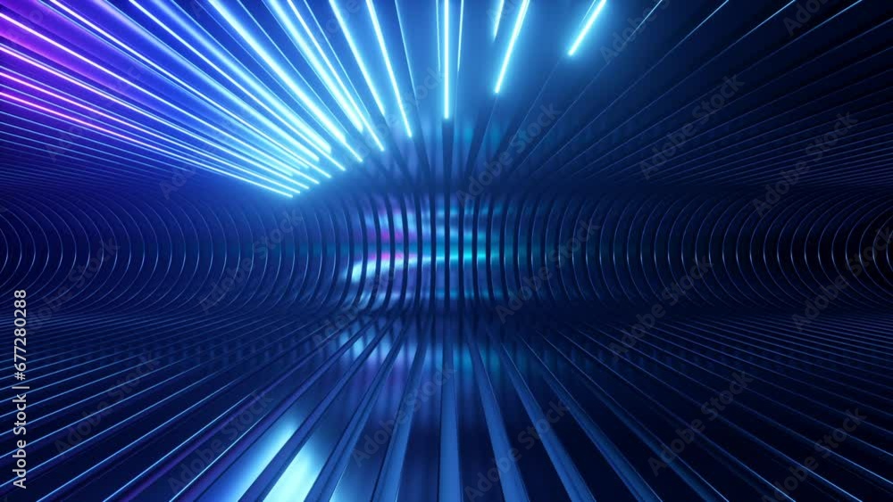 Poster cycled 3d animation. abstract neon background. glowing lines slide on metallic stripes. looping seam