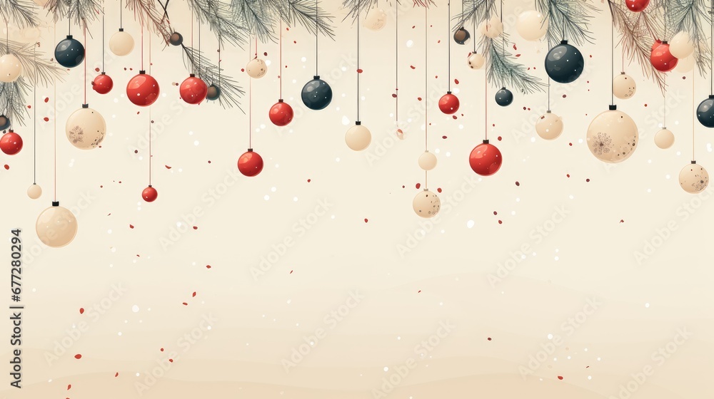 Poster a christmas background with baubles hanging from the branches of a christmas tree and snow flakes ha