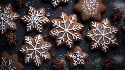  a close up of a plate of cookies decorated with icing snowflakes and star shaped cookies with cinnamon sprinkles on a black background with white snowflakes.  generative ai