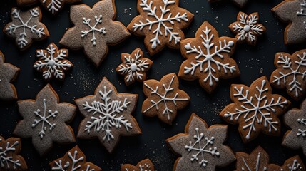  a close up of a bunch of cookies with snowflakes on them on a black surface with sprinkles of icing on the top of the cookies.  generative ai