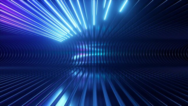 cycled 3d animation. Abstract neon background. Glowing lines slide on metallic stripes. Looping seamless intro