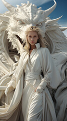 Beautiful young woman in drees with chines dragon on the background. Chines New Year concept. AI generative