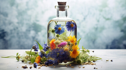 Herb oil bottles homeopathy herbs.Generative AI